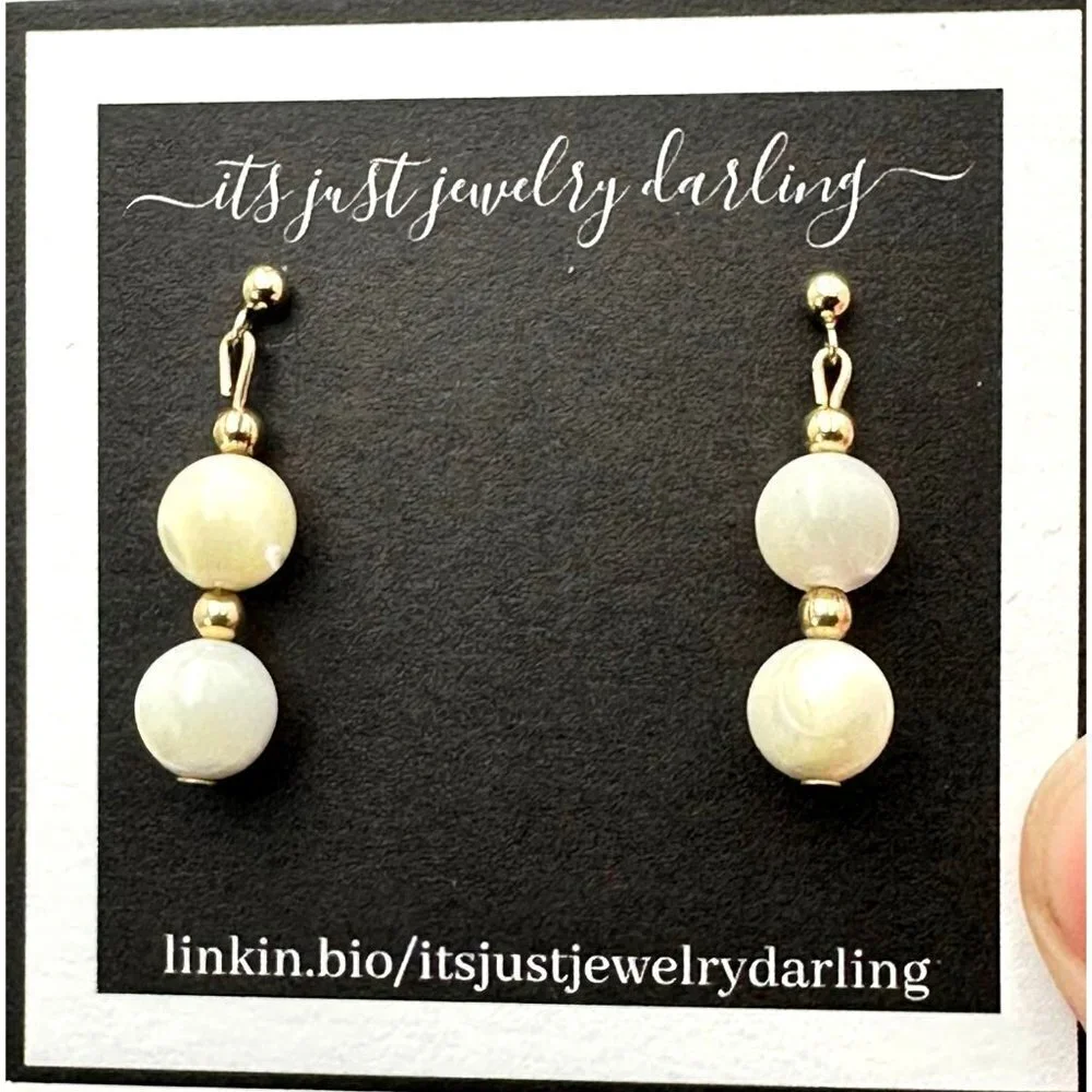 Womens Earrings 14K Yellow Gold Mother of Pearl Bead Pierced Gift Idea for Her - Picture 1 of 5